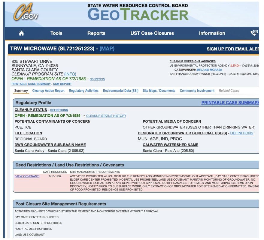 GeoTracker page for TRW Microwave Superfund site
